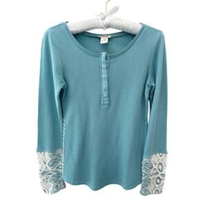 SUNDANCE | Blue Waffle Knit Henley Thermal Top Crochet Lace Long Sleeve | XS
